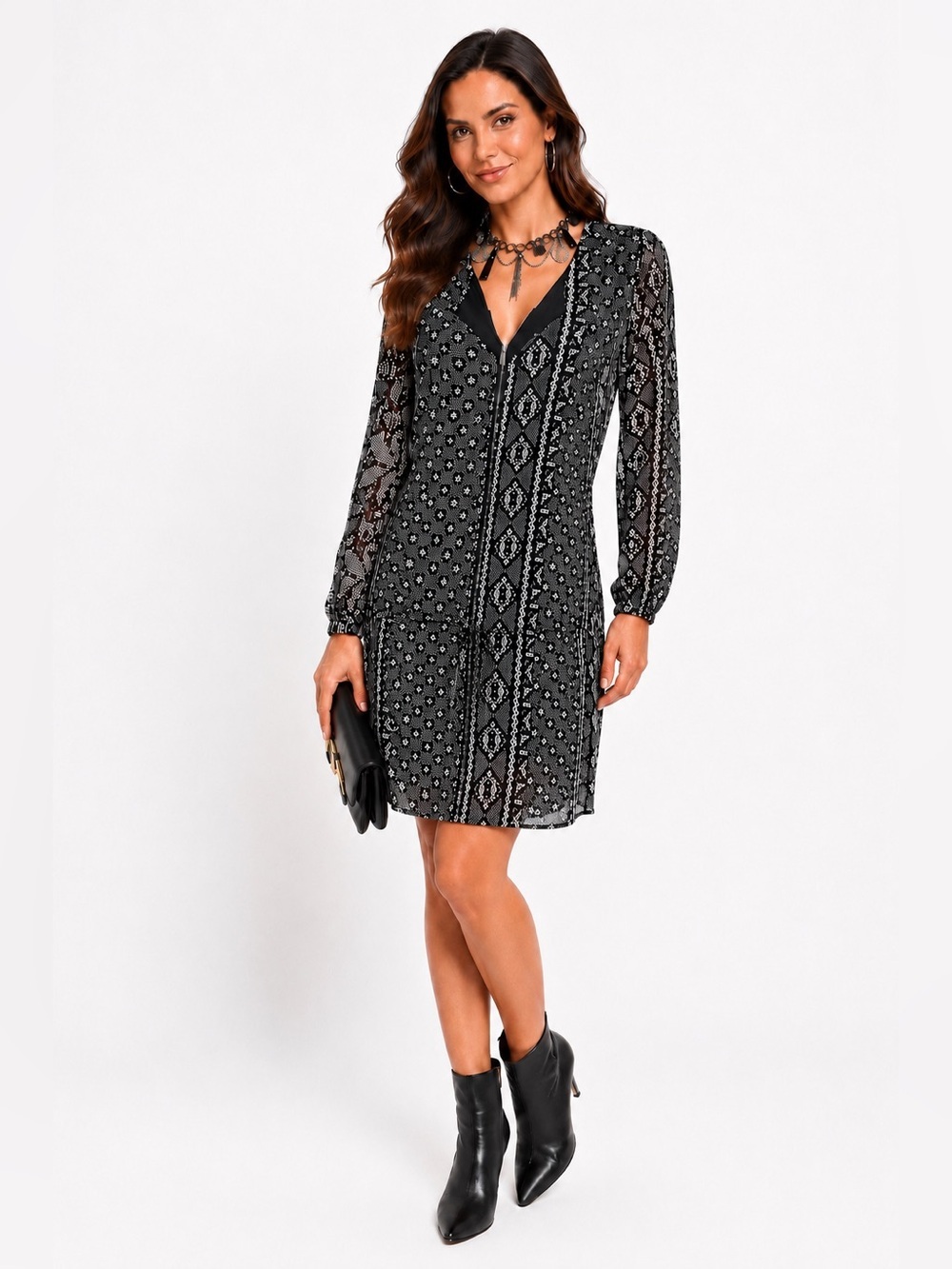 LN Harper SZ XS black/gray/white drawstring waist dress w/sheer sleeves/bust 37”